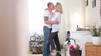 Skinny blonde nailed by BF on sofa